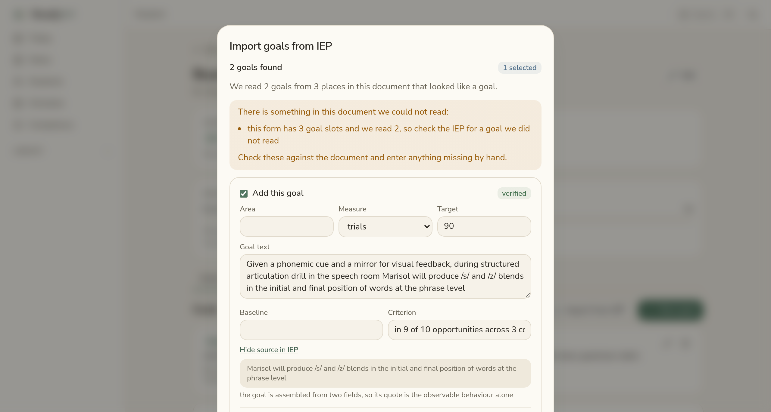 The IEP import review: a banner naming a goal slot the parser could not read, above a proposed goal with its quoted source line revealed
