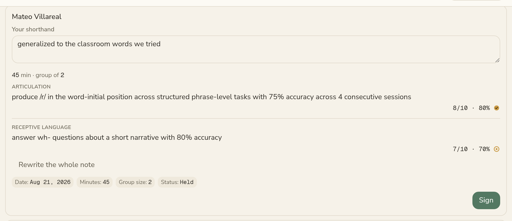 A session note ready to sign: the SLP's own shorthand, the tally each goal recorded, and the Sign button