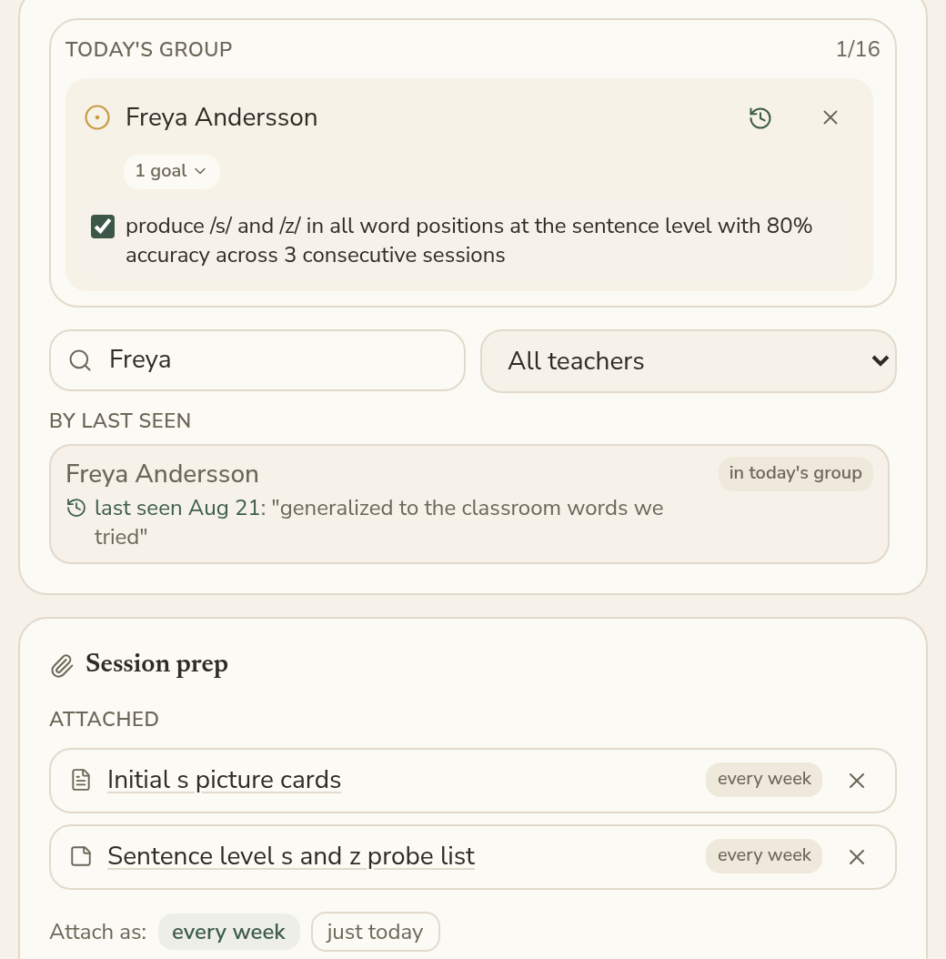 The session planner: a student's group card with two goals checked, a search field narrowed to her name, and her attached materials listed below