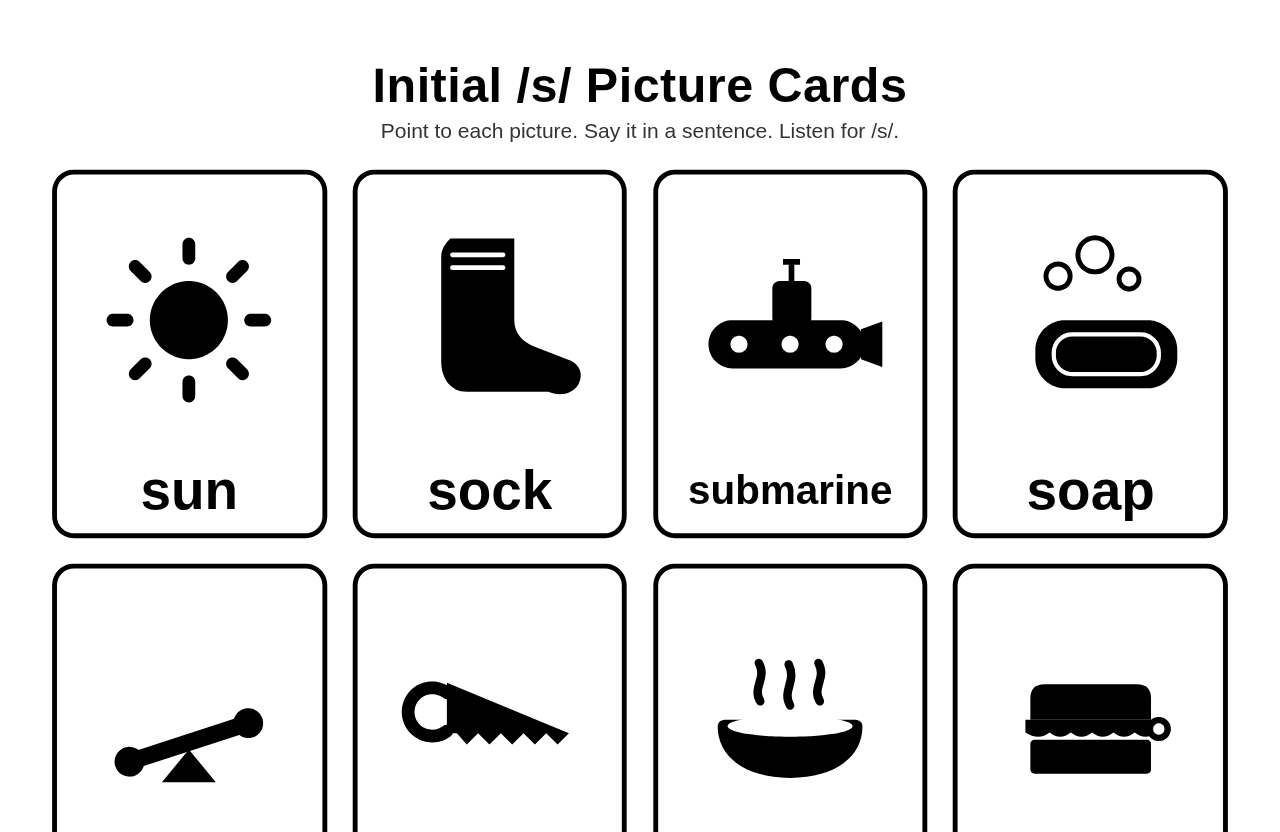 The student-facing screen: a printable /s/ picture-card worksheet filling the whole display, with no roster, no session controls and no other student's name on it